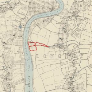 An 1884 map of the Longney are, showing the number of orchards along the river bank. The GOT land is again roughly outlined in red.